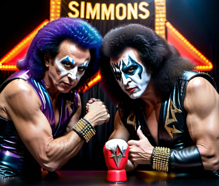 color 4k <lora:!action-sdxl-V0.5:0.7> photo masterpiece of neon spandex Richard Simmons and studded leather Gene Simmons sitting at a table and arm-wrestling , above is a large award banner that says "SIMMONS" , <lora:filmicVibesXL_v1.1:0.5> filmic  <lora:xl_real_beta1:0.6> <lora:sdxl_darkflash_V1-step00000800:0.7> very dark focused flash photo