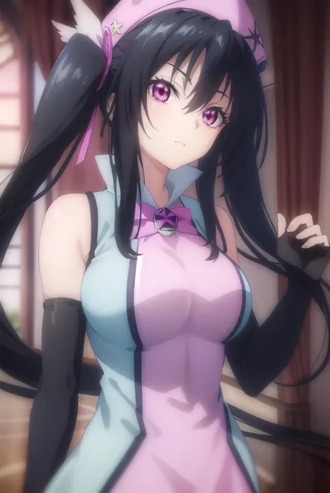 serafallleviathan, <lora:serafall leviathan anime s2-lora-nochekaiser:1>,
serafall leviathan, long hair, black hair, twintails, (pink eyes:1.5),
BREAK gloves, hat, bare shoulders, elbow gloves, fingerless gloves, cosplay, magical girl,
BREAK indoors,
BREAK looking at viewer, (cowboy shot:1.5),
BREAK <lyco:GoodHands-beta2:1>, (masterpiece:1.2), best quality, high resolution, unity 8k wallpaper, (illustration:0.8), (beautiful detailed eyes:1.6), extremely detailed face, perfect lighting, extremely detailed CG, (perfect hands, perfect anatomy),