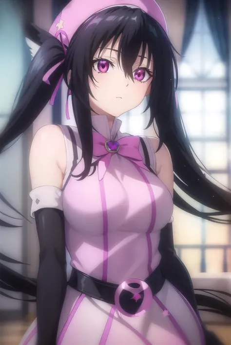 serafallleviathan, <lora:serafall leviathan anime s2-lora-nochekaiser:1>,
serafall leviathan, long hair, black hair, twintails, (pink eyes:1.5),
BREAK gloves, hat, bare shoulders, elbow gloves, fingerless gloves, cosplay, magical girl,
BREAK indoors,
BREAK looking at viewer, (cowboy shot:1.5),
BREAK <lyco:GoodHands-beta2:1>, (masterpiece:1.2), best quality, high resolution, unity 8k wallpaper, (illustration:0.8), (beautiful detailed eyes:1.6), extremely detailed face, perfect lighting, extremely detailed CG, (perfect hands, perfect anatomy),