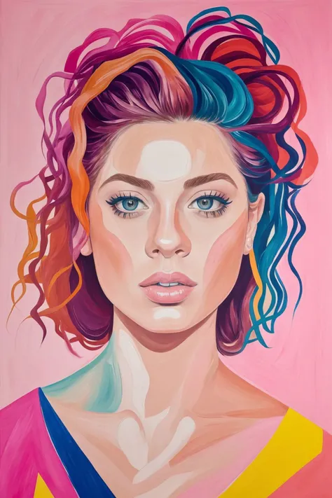 (abstract:1.2) portrait of  [1girl:DEN_auroraw_SG:15], a painting of a woman's face with multiple colored lines on it's face and neck, with a pink background, in gouache detailed paintings, an oil on canvas painting, (figurativism:1.3), abstract
masterpiece, amazing, intricate,