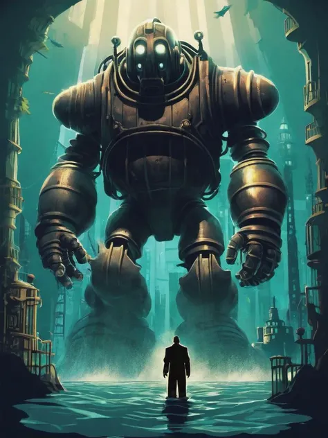 illustration-style of a big daddy from Bioshock in an underwater city that has an art deco aesthetic. Iron Giant