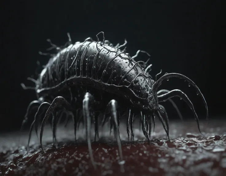 mechanical lice-like creature with a sleek organic body (textured fleshy brainy carapace:1.1), glistening wet surface, intertwined root-like appendages, (low-key lighting:1.2), mysterious atmosphere, alien concept, macro photography style, high-resolution details, Nikon Z9, 1/125s, f/8, ISO 100, cinematic depth of field, moisture droplets, eerie ambiance, otherworldly life form, stark contrast, prime lens clarity, (glossy bloody black eyes:1.2)