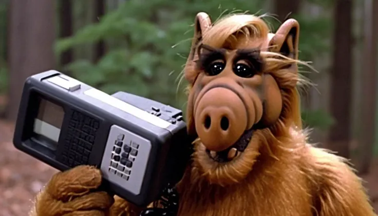 A scene from a new film starring Alf person in a thriller about a man on the run from the law. The scene takes place in a forest and involves Alf personevading the police. The style is thriller, gritty, handheld camera. <lora:Alf SDXL LoRA - Trigger w Alf Person:1>
