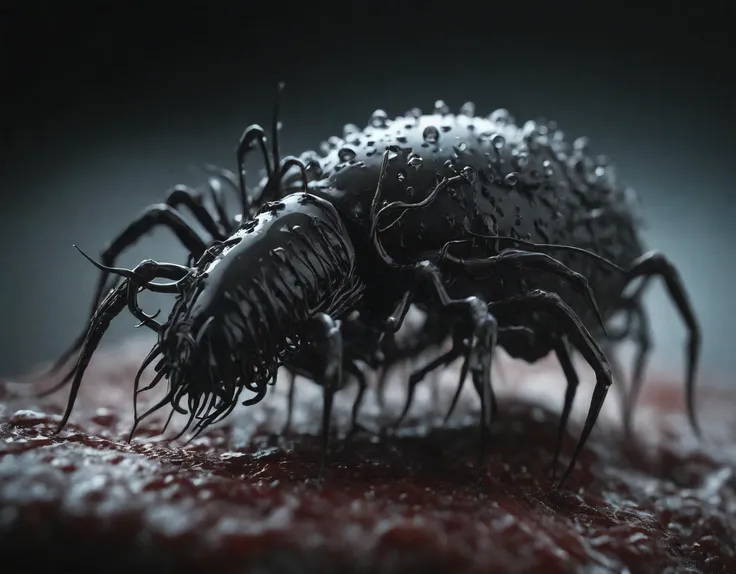 mechanical lice-like creature with a sleek organic body (textured fleshy brainy carapace:1.1), glistening wet surface, intertwined root-like appendages, (low-key lighting:1.2), mysterious atmosphere, alien concept, macro photography style, high-resolution details, Nikon Z9, 1/125s, f/8, ISO 100, cinematic depth of field, moisture droplets, eerie ambiance, otherworldly life form, stark contrast, prime lens clarity, (glossy bloody black eyes:1.2)