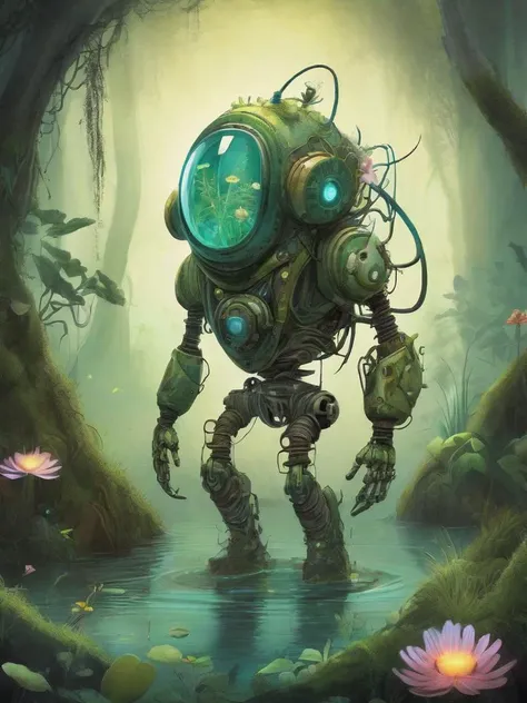 illustration-style picture of a biomechanical entity. The entity is a fusion of technology and nature, with a helmet that resembles a diving suit, its surface covered in verdant moss, handing a flower to viewer, twisting vines, and bright, exotic flowers. Its arms are heavy and robotic, adorned with peaceful symbols and patterns. The backdrop is an enchanted swamp, filled with a mystical fog, gnarly trees, and a spectrum of swamp flora. Fireflies dot the air with their luminescent glow. The illustration should have a whimsical and fantastical feel, with vibrant colors and a hand-drawn quality that emphasizes the enchanting aspects of the scene and the organic-meets-mechanical theme.