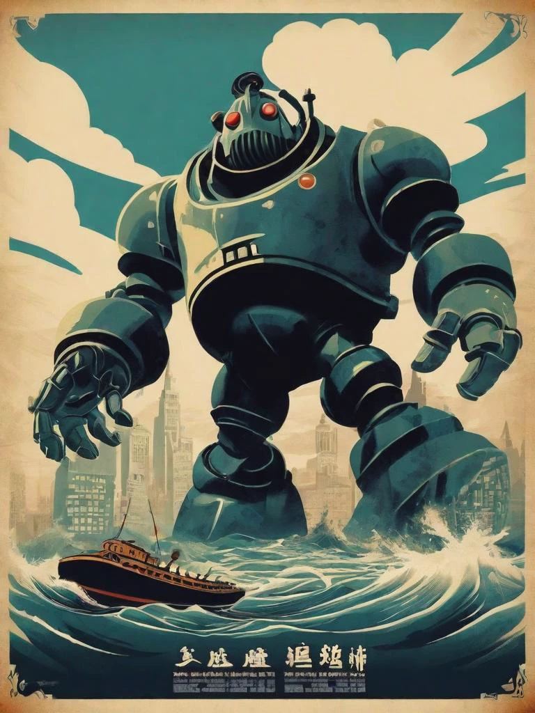 (Propaganda poster:1.3) of a big daddy from Bioshock in an underwater city that has an art deco aesthetic. Iron Giant, communist north korea