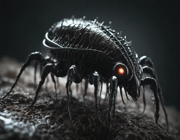 mechanical lice-like creature with a sleek organic body (textured fleshy brainy carapace:1.1), glistening wet surface, intertwined root-like appendages, (low-key lighting:1.2), mysterious atmosphere, alien concept, macro photography style, high-resolution details, Nikon Z9, 1/125s, f/8, ISO 100, cinematic depth of field, moisture droplets, eerie ambiance, otherworldly life form, stark contrast, prime lens clarity, (glossy bloody black eyes:1.2)