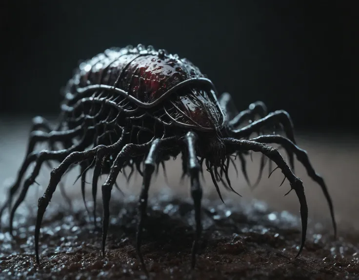 mechanical lice-like creature with a sleek organic body  (textured fleshy brainy carapace:1.1), glistening wet surface, intertwined root-like appendages, (low-key lighting:1.2), mysterious atmosphere, alien concept, macro photography style, high-resolution details, Nikon Z9, 1/125s, f/8, ISO 100, cinematic depth of field, moisture droplets, eerie ambiance, otherworldly life form, stark contrast, prime lens clarity, (glossy bloody black eyes:1.2)