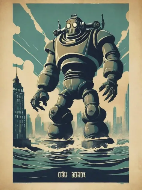 (Propaganda poster:1.3) of a big daddy from Bioshock in an underwater city that has an art deco aesthetic. Iron Giant, communist north korea