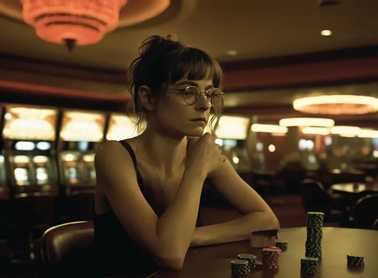 Photography of an underground casino, where emmacorrin person is a successful card shark. This time Nick loses big, goes on a downward spiral, clearly drunk and sad, she seeks and finds revenge. Glasses. Moody colors. <lora:2024-01-06 - Emmacorrin (Realviz-V2) - 18img - 20rep - b3-step00002250:1>