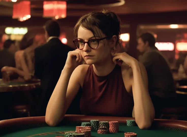 Photography of an underground casino, where emmacorrin person is a successful card shark. This time Nick loses big, goes on a downward spiral, clearly drunk and sad, she seeks and finds revenge. Glasses. Moody colors. <lora:2024-01-06 - Emmacorrin (Realviz-V2) - 18img - 20rep - b3-step00002250:1>