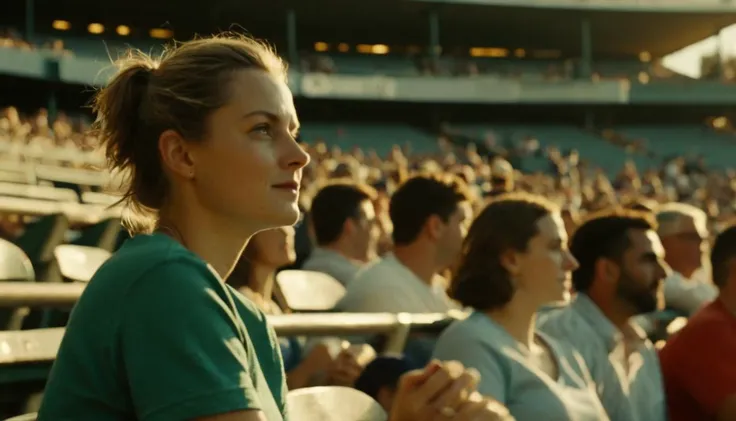 cinematic still Homemade film footage of emmacorrin person at a baseball game. emmacorrin person is sitting in the stands, watching the game. the game is being played at a stadium., explosion artstyle <lora:2024-01-06 - Emmacorrin (Realviz-V2) - 18img - 20rep - b3-step00002250:1>