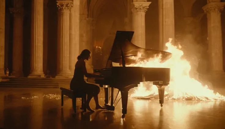 cinematic still Footage of emmacorrin person playing the piano in a beautiful cathedral at nighttime., explosion artstyle <lora:2024-01-06 - Emmacorrin (Realviz-V2) - 18img - 20rep - b3-step00002250:1> <lora:Explosion Artstyle - Trigger is Explosion Artstyle:.8>