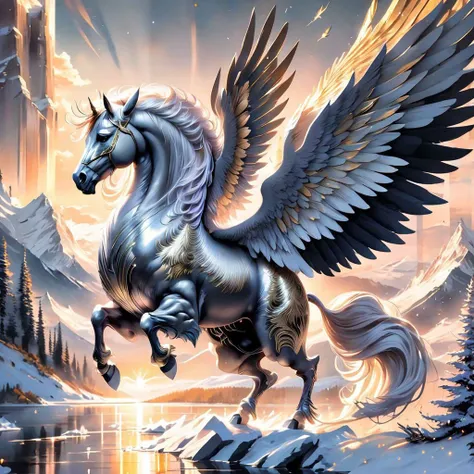 A majestic scene of heroic fantasy pegasus with gold fur and black and white wings and tail soaring over snow capped mountains reflecting on a perfectly still lake at sunrise, proud , intricate, highly detailed digital art, sharp focus, illustration by Artgerm and Greg Rutkowski and Makoto Shinkai