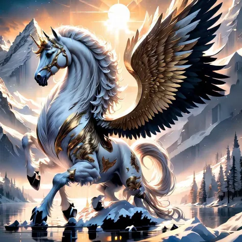 A majestic scene of heroic fantasy pegasus with gold fur and black and white wings and tail soaring over snow capped mountains reflecting on a perfectly still lake at sunrise, proud , intricate, highly detailed digital art, sharp focus, illustration by Artgerm and Greg Rutkowski and Makoto Shinkai