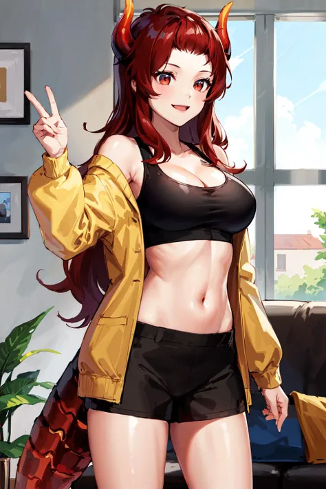 masterpiece, best quality, highres, bbdola, dragon girl, long hair, dragon horns, dragon tail, forehead, cleavage, yellow jacket, off shoulder, open clothes, long sleeves, black shorts, sports bra, crop top, midriff, short shorts, <lora:dola_v1:0.7>, standing, cowboy shot, living room, smile,