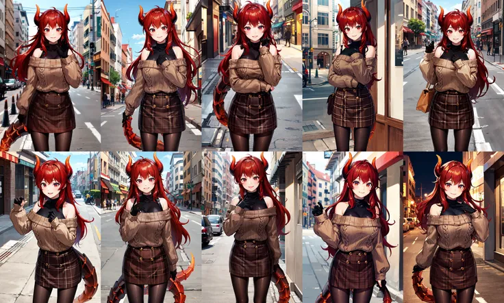 masterpiece, best quality, highres, bbdola, dragon girl, long hair, dragon horns, dragon tail, off-shoulder sweater, brown sweater, long sleeves, sleeves past wrists, black gloves, plaid skirt, brown skirt, black pantyhose, <lora:dola_v1:0.7>, street, smile, standing, cowboy shot,