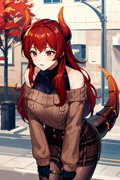 masterpiece, best quality, highres, bbdola, dragon girl, long hair, dragon horns, dragon tail, off-shoulder sweater, brown sweater, long sleeves, sleeves past wrists, black gloves, plaid skirt, brown skirt, black pantyhose, <lora:dola_v1:0.7>, leaning forward, park, outdoors,