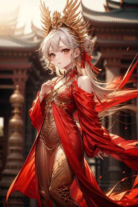 (AS-YoungestV2:1.2), 1girl, solo, white hair, long hair, flowing hair, yellow eyes, DRAGON-PHOENIX GOWN, red wings, angel wings, <lora:dragon_phoenix_gown:0.8>