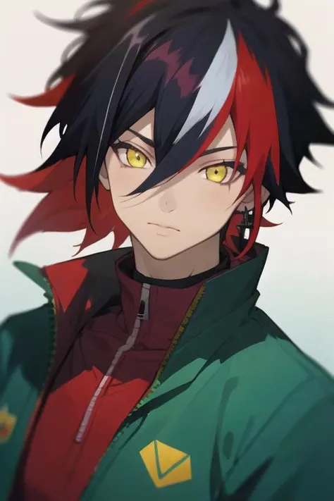 masterpiece, best quality, photorealistic, 1boy, solo, male focus, looking at viewer, upper body, depth of field, <lora:prince_of_darkness_shironeko:0.72>, prince_of_darkness_shironeko, black hair, red hair, multicolored hair, yellow eyes, streaked hair, hair between eyes, jewelry, two-tone hair, track suit,