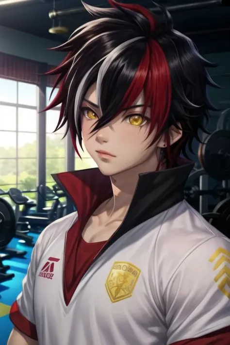 masterpiece, best quality, game cg, 1boy, solo, male focus, looking at viewer, upper body, , <lora:prince_of_darkness_shironeko:0.68>, prince_of_darkness_shironeko, black hair, red hair, multicolored hair, yellow eyes, streaked hair, hair between eyes, jewelry, two-tone hair, gym uniform,