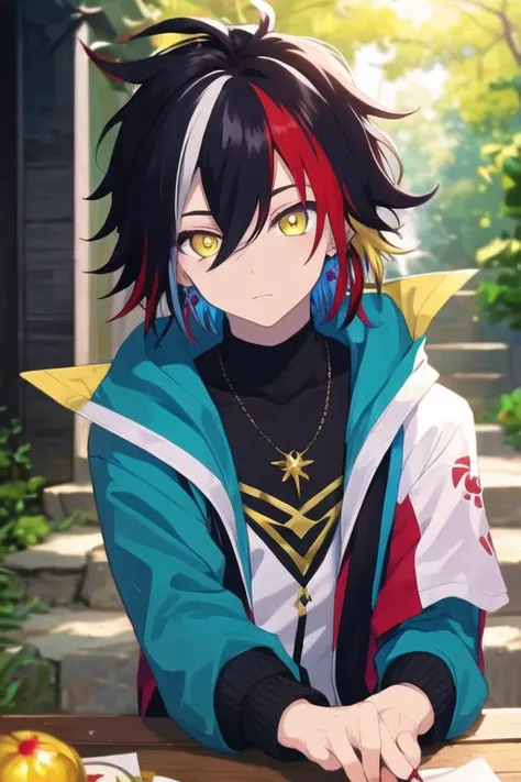masterpiece, best quality, , 1boy, solo, male focus, looking at viewer, , depth of field, <lora:prince_of_darkness_shironeko:0.64>, prince_of_darkness_shironeko, black hair, red hair, multicolored hair, yellow eyes, streaked hair, hair between eyes, jewelry, two-tone hair, jacket,