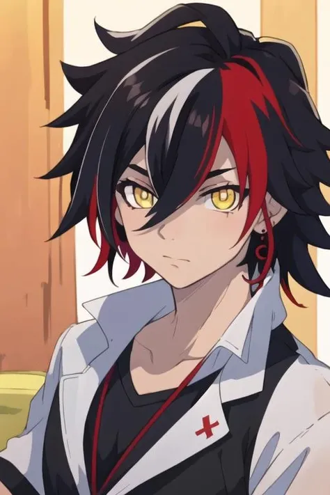 masterpiece, best quality, wallpaper, 1boy, solo, male focus, looking at viewer, upper body, depth of field, <lora:prince_of_darkness_shironeko:0.74>, prince_of_darkness_shironeko, black hair, red hair, multicolored hair, yellow eyes, streaked hair, hair between eyes, jewelry, two-tone hair, gym uniform,