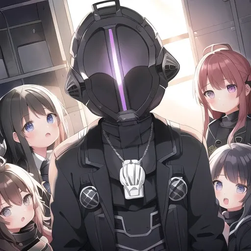 wide angle, 20mm, image of bdsks (1boy, mask, black jacket, white whistle, <lora:bondrewdLora_v2:1>, no hair) surrounded by children (5girls, casual clothes), laboratory