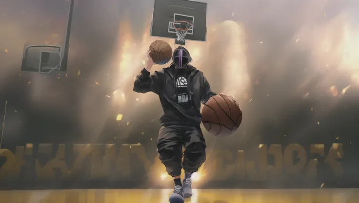 <lora:bondrewd:0.8>, bdsks, mask, black jacket, white whistle, (((basketball, dunking, ballin', basketball hoop)))