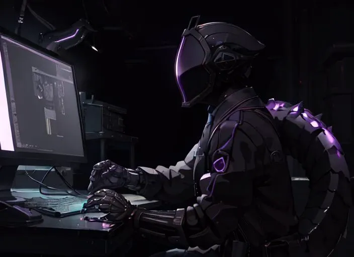 (best quality), 1boy with machine_Tail, solo, male focus, mask, black gloves, whistle, horror theme,(Gloves), darkness,machine, black theme, very detailed background,(amethyst),tungsten filament,cyberpunk,computer screen,(biopunk) Laboratory,8k,cute pose, <lora:bondrewdLora_v2:1>, <lora:gachaSplashLORA_gachaSplashFarShot:0.3>