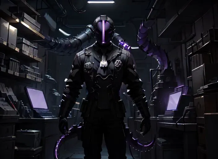 (best quality), 1boy with machine_Tail, solo, male focus, mask, black gloves, whistle, horror theme,(Gloves), darkness,machine, black theme, very detailed background,(amethyst),tungsten filament,cyberpunk,computer screen,(biopunk) Laboratory,8k,cute pose, <lora:bondrewdLora_v2:1>, <lora:gachaSplashLORA_gachaSplashFarShot:0.3>