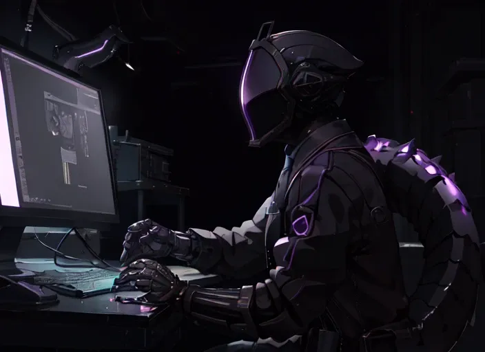 (best quality), 1boy with machine_Tail, solo, male focus, mask, black gloves, whistle, horror theme,(Gloves), darkness,machine, black theme, very detailed background,(amethyst),tungsten filament,cyberpunk,computer screen,(biopunk) Laboratory,8k,cute pose, <lora:bondrewdLora_v2:1>, <lora:gachaSplashLORA_gachaSplashFarShot:0.3>