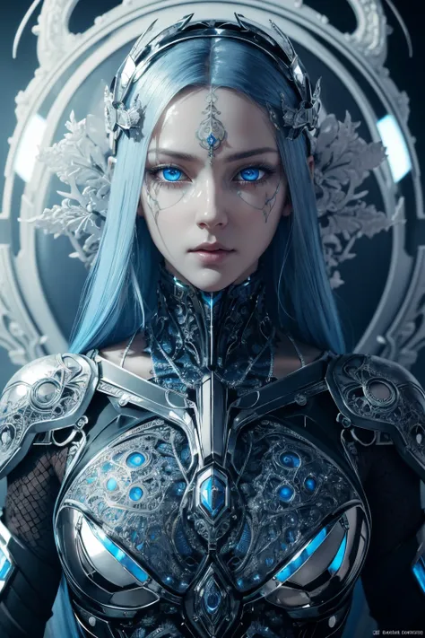 surreal photography of a stunningly beautiful cyborg female, blue eyes, intricate filigree, glowing, in the style of beth cavener, jin kagetsu, and wlop, intricate detailed, chrome face symmetry, masterpiece, award-winning, sharp focus, concept art, high key, ambient lighting, 8k, octane render