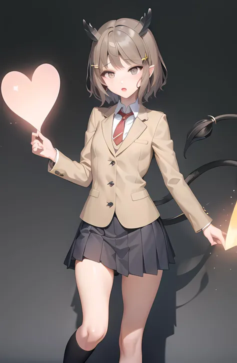 masterpiece, high quality, best quality, high resolution, 4k, high definition, beautiful lighting,highly detailed face, well drawn hands, well drawn legs,well drawn feet,well drawn eyes,1girl,koga,short hair,grey eyes, (((standing))), small horns on head, wings on back, heart shaped tail,brown hair,hairclip,school girl uniform,brown blazer,white shirt,red tie,blue skirt, <lora:tomoe_koga-10:0.4>