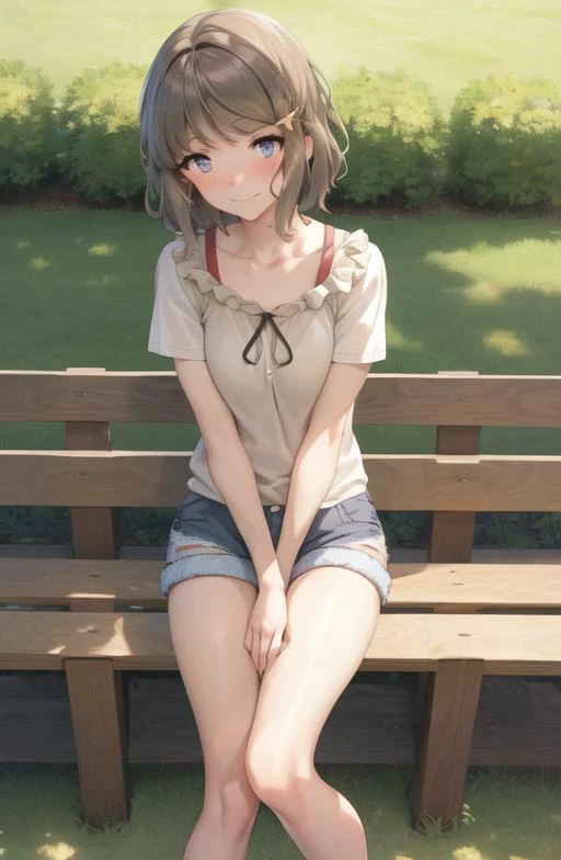 masterpiece, high quality, best quality, high resolution, 4k, high definition, beautiful lighting,highly detailed face, well drawn hands, well-drawn legs,well drawn feet,well drawn eyes,1girl, koga,grey eyes, brown hair, short hair,hair clip,(frilly shirt, denim shorts,shy cowering, embarrassed,looking down,closed mouth , silent smile, <lora:tomoe_koga-01:1>