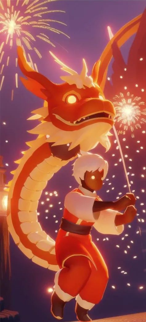 masterpiece,best quality,ultra high res,guangyu,
1 boy,sky ???,running action,(huge chinese dragon surrounds him:1.4),(lantern:1.2),chinesse new year, new year, (fireworks:1.4),happy atmosphere,Chinese Kongfu,Tai Chi,(facing camera: 1.2),clasping fists salute