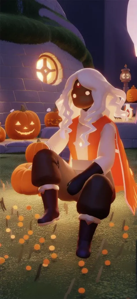 masterpiece,best quality,ultra high res,guangyu,
A girl, (The Witcher: 1.4), sitting on the ground with a pumpkin in her hand, (Halloween: 1.4), town
