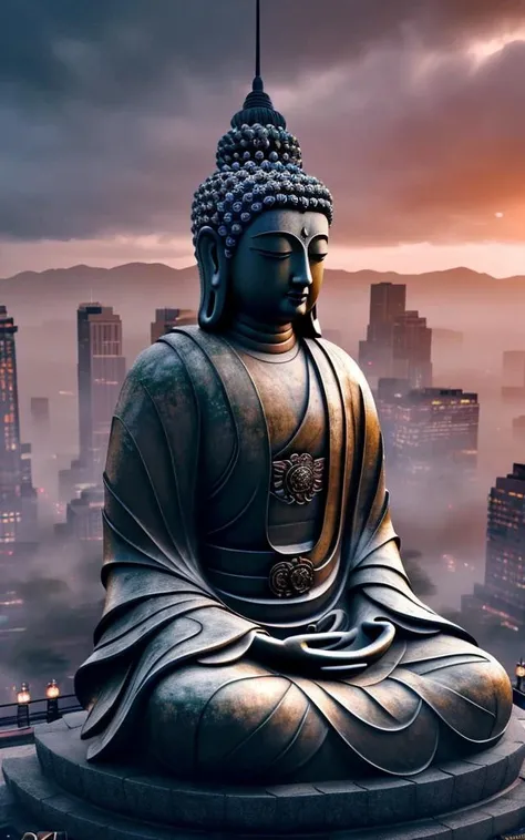(best quality,masterpiece, intricate,ultra-detailed,realistic,RAW photo,8k uhd,ultra high res,photorealistic style,cinematic scenes, sharp focus,dramatic lighting,extremely detailed CG unity wallpaper) ,a huge buddha statue sitting in the middle of a city, <lora:buddha_scenery_v1_100:1>