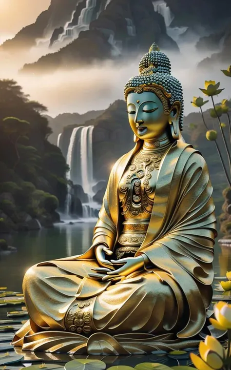 Buddha looking down, sitting on a lotus flower. Contrast 8K Waterfall1:1