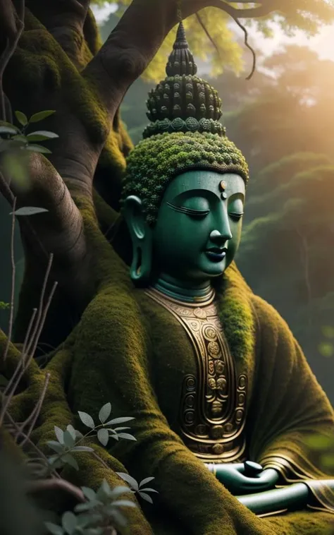 A serene Buddha statue with the ral-trichome effect accentuating its peaceful expression, placed before an intricate temple garden background <lora:ral-trichome-sdxl:1>,<lora:EnvyBetterHiresFixXL01:0:hr=1>.