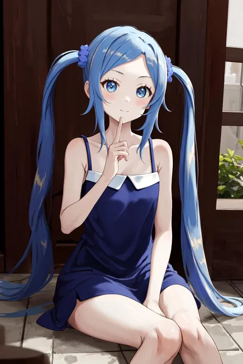 masterpiece, best quality, highres, 1girl, blue dress sleeveless dress bare shoulders <lora:tomo_kunagisa_blue_dress:1>