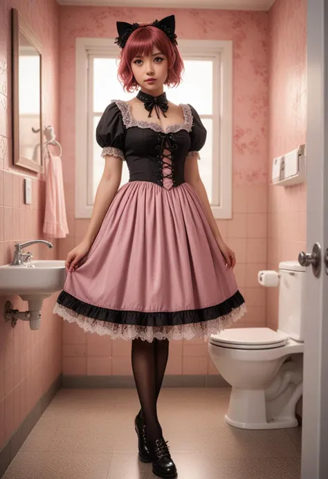 (medium full shot) of 1girl (lovely gothic****ta) young woman, indian, brown eyes, darker skin tone, tan skin, brown eyes, normal build, short red hime cut hair, wearing Romantic gothic****ta outfit, dusty rose dress with lace-up bodice, sheer stockings, kitten heels, lace shawl with scalloped edges, set in  public Toilet, Hygienic, germ-resistant surfaces, touchless flushing toilets, automatic soap dispensers, sensor-operated faucets, disposable seat covers , at sunset, surprised, open mouth, running toward the viewer,   Masterpiece,best quality, photorealistic, amazing quality, very aesthetic, extremely detailed face,