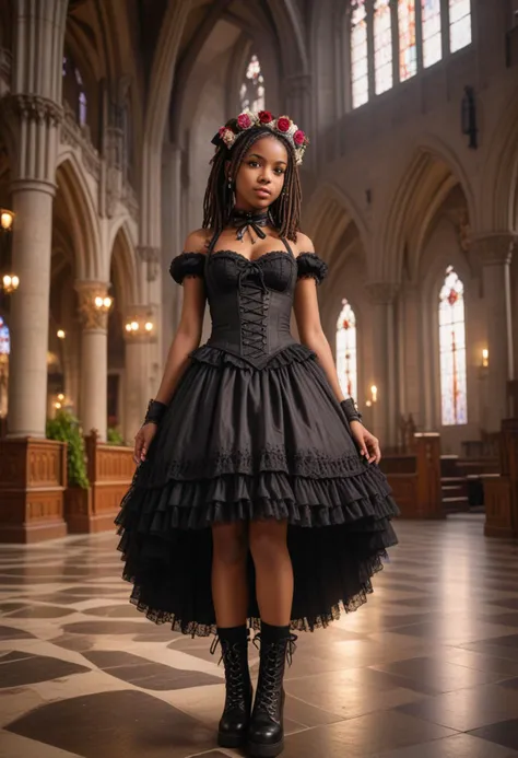 (medium full shot) of 1girl (angelic gothic****ta) young woman, black american, dark eyes, dark skin, dark skin, brown eyes, busty build, medium brown dreadlocks hair, wearing Lace-trimmed bustier with ribbon lacing, layered tulle petticoat, floral headband, lace-up combat boots, ribbon headband with bow accents, set in  Cathedral Nave, Grand hall with towering stone pillars, intricately carved wooden pews, stained glass windows casting colorful patterns on the floor, flickering candlelight, lush ivy climbing the walls , at sunset, smiling at the viewer,   Masterpiece,best quality, photorealistic, amazing quality, very aesthetic, extremely detailed face,