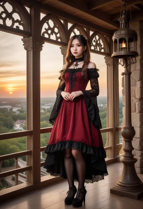 (medium full shot) of 1girl (lovely gothiclolita) young woman, philippine, brown eyes, tan skin, pale skin, light brown eyes, busty build, extra long brown straight down hair, wearing Elegantly dark gothiclolita outfit, red off-shoulder dress with lace trim, lace stockings, velvet heels, lace choker adorned with a cameo pendant, set in  church Bell Tower, Towering structure with a spiral staircase, a large bronze bell hanging from chains, wooden beams crisscrossing overhead, a panoramic window offering views of the surrounding landscape, a weathered oak bench for contemplation  , at sunset, smiling at the viewer,   Masterpiece,best quality, photorealistic, amazing quality, very aesthetic, extremely detailed face,