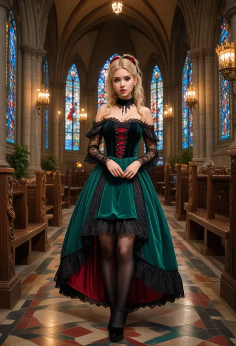 (medium full shot) of 1girl (esthetic gothic****ta) young woman, native american, caramel skin, jade green eyes, slender build, long blonde bun hair, wearing Elegantly dark gothic****ta outfit, red off-shoulder dress with lace trim, lace stockings, velvet heels, lace shawl with scalloped edges, set in  Cathedral Nave, Grand hall with towering stone pillars, intricately carved wooden pews, stained glass windows casting colorful patterns on the floor, flickering candlelight, lush ivy climbing the walls , at night, surprised, open mouth, pointing her finger at the viewer,   Masterpiece,best quality, photorealistic, amazing quality, very aesthetic, extremely detailed face,