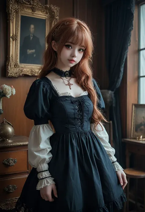 (medium full shot) of (dark gothic****ta) young woman, Average build, long ginger hime cut hair, japanese, light skin, hazel eyes, wearing a rose headband, midnight blue one-piece dress (OP) with puffed sleeves, knee-high stockings, lace-up boots, pale skin,  smoky eyeshadow, black eyeliner, cross necklace, wrist cuffs, set in  a grand haunted mansion, with cobwebbed chandeliers, creaky wooden floors, antique furniture, dark velvet drapes, and eerie portraits on the walls , at night, woman smiling, ,Masterpiece,best quality, photo, realistic, very aesthetic