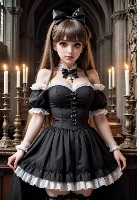 (medium full shot) of (dark gothic****ta) young woman, voluptuous build, extra long hazel straight bangs hair, spanish, tan skin, hazel eyes, wearing a ribbon headband with bow accents, white Off-the-shoulder lace top with ribbon lacing, ruffled petticoat, sheer stockings, lace-up boots, pale skin,  smoky eyeshadow, black eyeliner, cross necklace, ornate brooch, set in  Cathedral Sacristy, Dimly lit chamber with tall cabinets holding ceremonial robes, polished silver candlesticks gleaming on a side table, shelves lined with ancient manuscripts, fragrant incense lingering in the air, a small altar adorned with fresh greenery , at sunset, woman smiling, detailed face, ,Masterpiece,best quality, photo, realistic, very aesthetic,