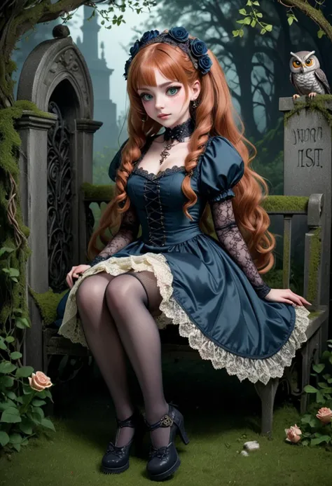 (medium full shot) of (Victorian gothic****ta) young woman, curvy build, extra long ginger ponytail hair, italian, tan skin, jade green eyes, wearing a rose headband, midnight blue one-piece dress (OP) with lace trim, sheer stockings, ankle boots, pale skin,  smoky eyeshadow, black eyeliner, doll-like blush, lace choker, ornate brooch, set in  ancient cemetery, Forgotten Gravesite, Moss-covered tombstones tilted at odd angles, wildflowers peeking through the tangled grass, a rusted wrought iron bench overgrown with vines, the distant hoot of an owl echoing through the silent air , at night, woman smiling, detailed face, ,Masterpiece,best quality, photo, realistic, very aesthetic,