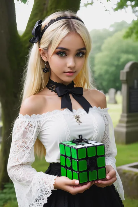 Girl holding ((3x3 transparent Glass rubik's cube :1.4)),perfect symmetrically,(sexy gothiclolita) young woman, indian, brown eyes, darker skin tone, tan skin, light green eyes, willowy build, extra long blonde dutch braid hair, wearing Off-the-shoulder lace top with bell sleeves, lace skirt with ribbon accents, lace parasol, ballet flats with ribbon ties, ribbon headband with bow accents,lace choker adorned with a cameo pendant, set in ancient cemetery, Gravesite Cluster, Cluster of moss-covered headstones nestled among gnarled trees, worn stone benches scattered around, wildflowers blooming between graves, a quiet, solemn atmosphere enveloping the area ,