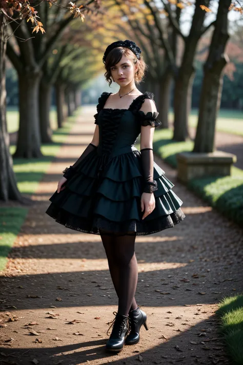 (autumn season:1.2),(in the evening:1.2),<lora:LCM_LoRA_Weights_SD15:1>,<lora:detail_slider_v4:1.2>,(attractive gothic****ta) a 21year old Girl, full-figured build, short turquoise french twist hair, swedish, tan skin, jade green eyes, wearing Lace-trimmed bustier with ribbon lacing, layered tulle petticoat, floral headband, lace-up combat boots, ribbon headband with bow accents,lace gloves with ribbon ties, set in Victorian Bandstand, Elaborate bandstand adorned with intricate wood carvings, surrounded by neatly trimmed hedgerows, rows of wooden benches facing the stage, towering cypress trees providing shade and a sense of intimacy , at sunset,
low key photography, dramatic lighting, deep shadows, rich contrast, moody atmosphere, intense emotions, cinematic feel, mysterious ambiance, emphasizing shape and form, creating depth, evoking drama, storytelling through shadows, professional technique,(fullbody shot:1.3),(fullbody shot:1.1),(full body:1.3),(fullbody:1.3),(full body photo:1.3),(full body view:1.3),(wide shot:1.3),from outside:1.1,(full body portrait:1.3),